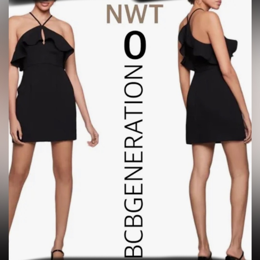Ruffle halter peephole little black dress